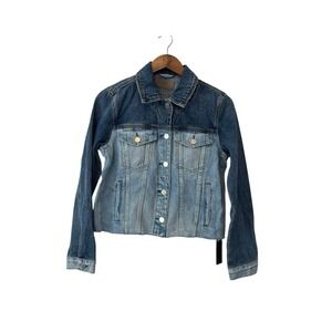 Women's NWT Blank NYC Two Tone Denim Trucker Jacket Size S Raw Hem Soft Grunge